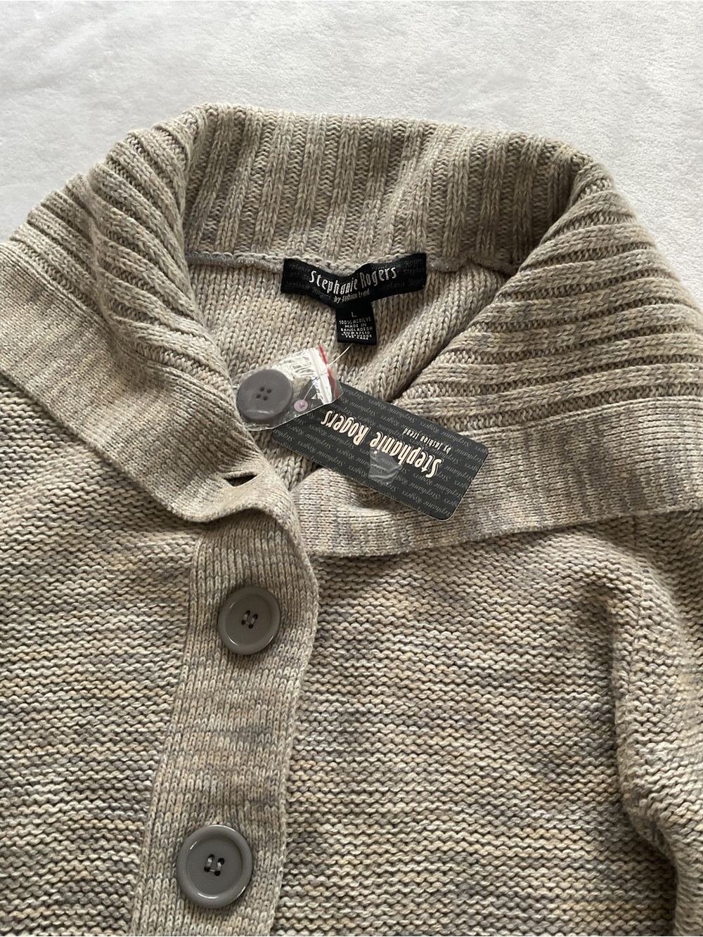 Stephanie Rogers Beige Knit Shawl Collar Long Cardigan Sweater L - Picture 8 of 14